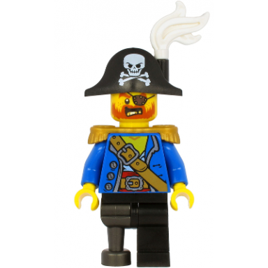 pirate captain - bicorne hat with skull and white plume pearl gold epaulettes blue open coat black leg and pearl dark gray peg leg