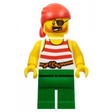 pirate - male red bandana white shirt with red stripes green legs eye patch
