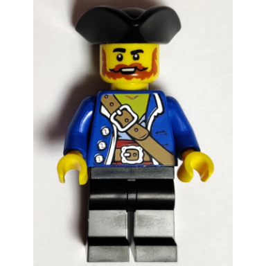 pirate - male black tricorne dark orange beard and moustache blue open coat medium nougat belt black legs