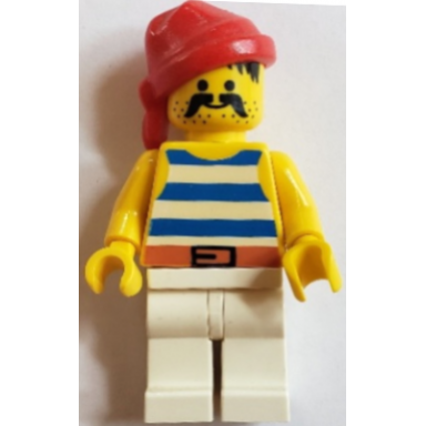 pirate blue white stripes shirt white legs red bandana belt with black buckle