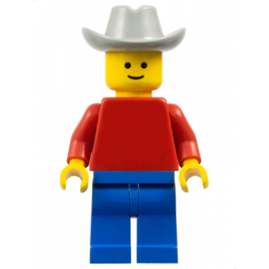 plain red torso with red arms blue legs light gray cowboy hat