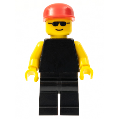 plain black torso with yellow arms black legs sunglasses red cap
