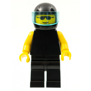 plain black torso with yellow arms black legs sunglasses black helmet trans-light blue visor