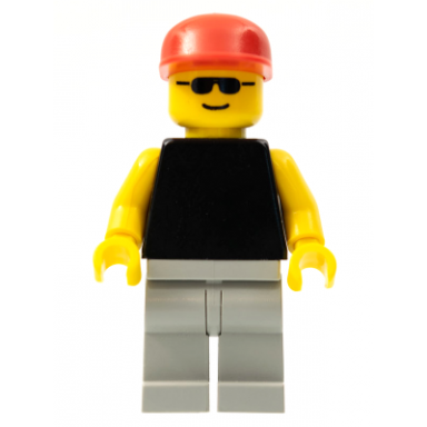plain black torso with yellow arms light gray legs sunglasses red cap