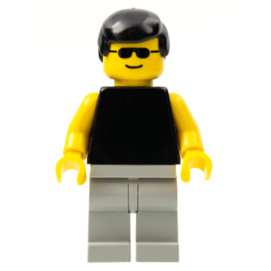 plain black torso with yellow arms light gray legs sunglasses black male hair