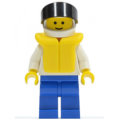 plain white torso with white arms blue legs white helmet black visor life jacket