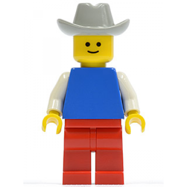 plain blue torso with white arms red legs light gray cowboy hat