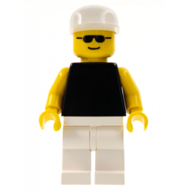 plain black torso with yellow arms white legs white cap sunglasses
