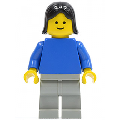 plain blue torso with blue arms light gray legs black female hair