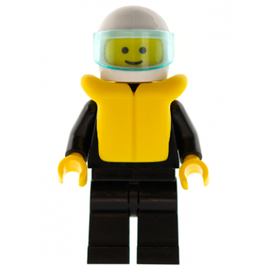 plain black torso with black arms black legs white helmet trans-light blue visor life jacket