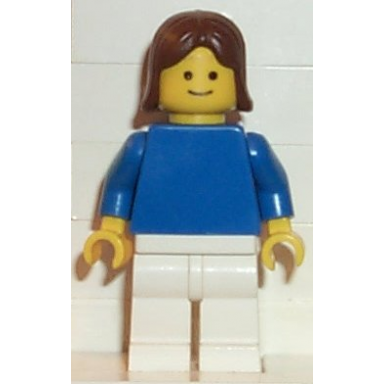 plain blue torso with blue arms white legs brown female hair