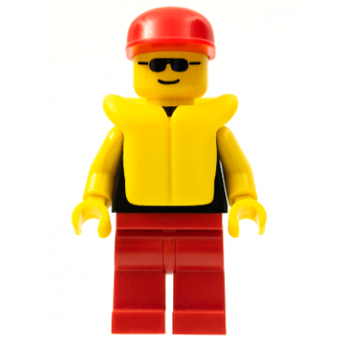plain black torso with yellow arms red legs sunglasses red cap life jacket