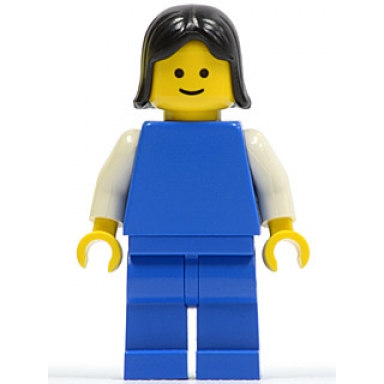 plain blue torso with white arms blue legs black female hair