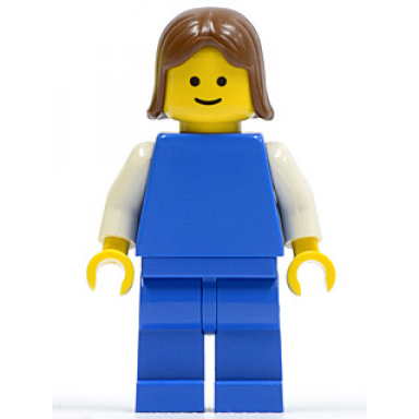 plain blue torso with white arms blue legs brown female hair