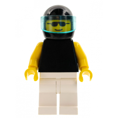 plain black torso with yellow arms white legs sunglasses black helmet trans-light blue visor