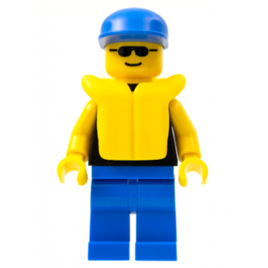 plain black torso with yellow arms blue legs sunglasses blue cap life jacket