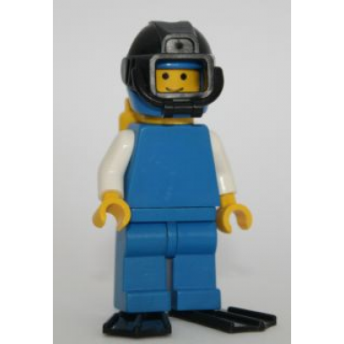 plain blue torso with white arms blue legs blue helmet black underwater visor yellow air tanks black flippers - diver
