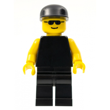 plain black torso with yellow arms black legs sunglasses black cap