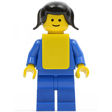 plain blue torso with blue arms blue legs black pigtails hair yellow vest
