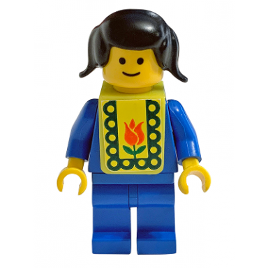 plain blue torso with blue arms blue legs black pigtails hair yellow vest with baby bib pattern stickers