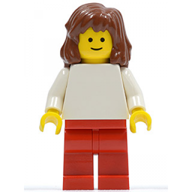 plain white torso with white arms red legs reddish brown mid-length female hair