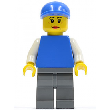 plain blue torso with white arms dark bluish gray legs blue short bill cap female dual sided head