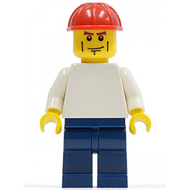 plain white torso with white arms dark blue legs red construction helmet vertical cheek lines
