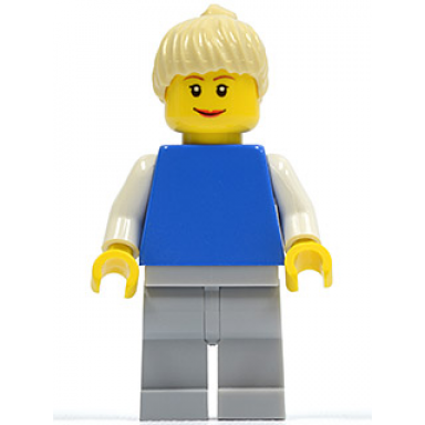 plain blue torso with white arms light bluish gray legs tan ponytail hair