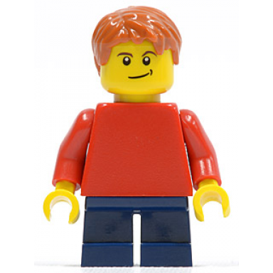 plain red torso with red arms dark blue short legs lopsided smile child