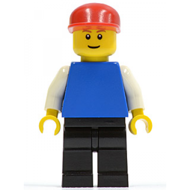 plain blue torso with white arms black legs red cap brown eyebrows thin grin