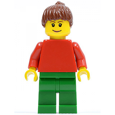 plain red torso with red arms green legs reddish brown ponytail hair eyebrows