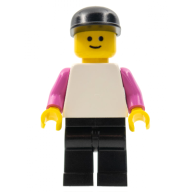 plain white torso with dark pink arms black legs black cap