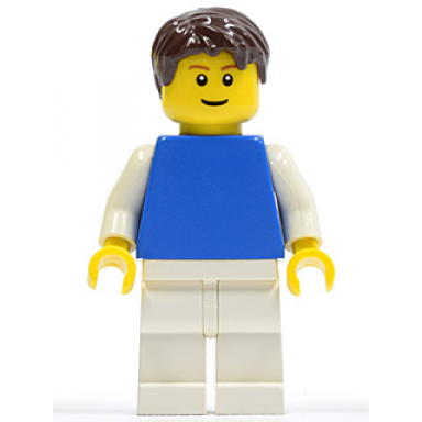 plain blue torso with white arms white legs dark brown short tousled hair