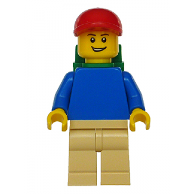 plain blue torso with blue arms tan legs red short bill cap backpack