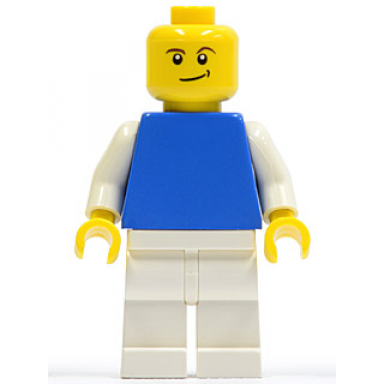 plain blue torso with white arms white legs no headgear crooked smile