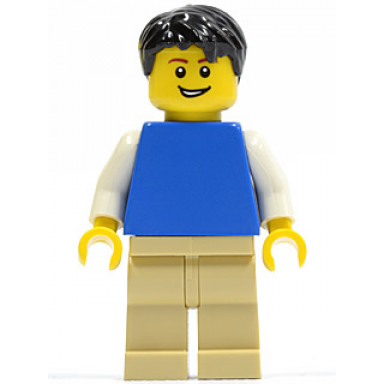 plain blue torso with white arms tan legs black short tousled hair