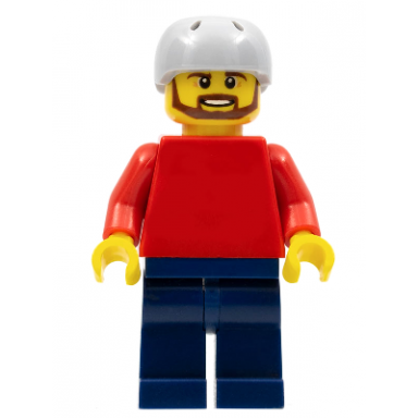 plain red torso with red arms dark blue legs sports helmet and brown beard