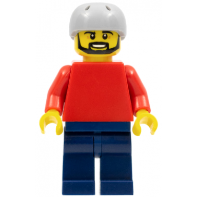 plain red torso with red arms dark blue legs sports helmet and black beard