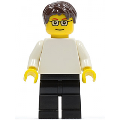 plain white torso with white arms black legs dark brown short tousled hair glasses