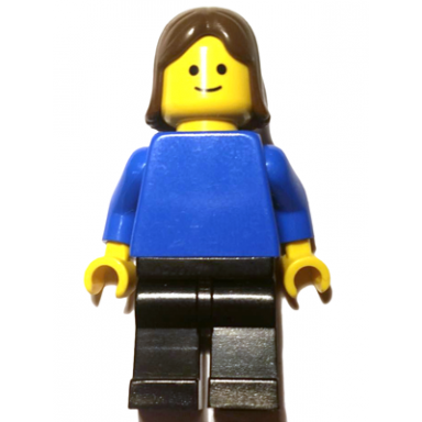 plain blue torso with blue arms black legs brown female hair