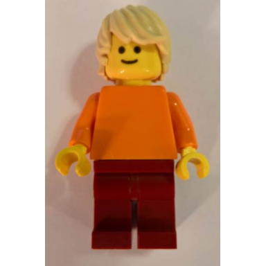 plain orange torso with orange arms dark red legs tan tousled hair