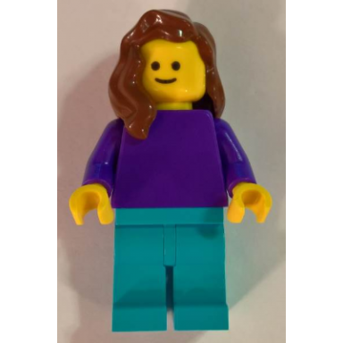 plain dark purple torso with dark purple arms medium azure legs reddish brown female hair over shoulder