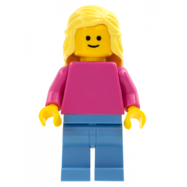 plain dark pink torso with dark pink arms medium blue legs bright light yellow female hair mid-length