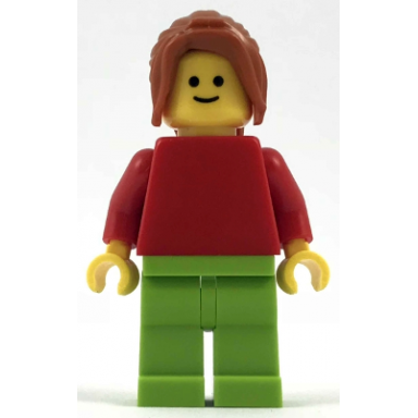 plain red torso with red arms lime legs dark orange female ponytail long