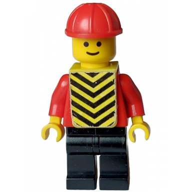 plain red torso with red arms black legs red construction helmet yellow chevron vest
