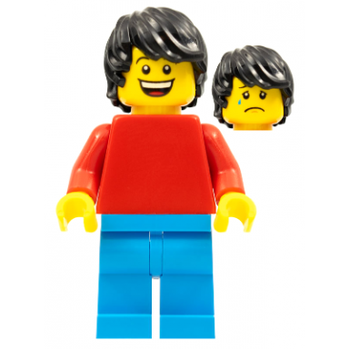 plain red torso with red arms dark azure legs black tousled hair