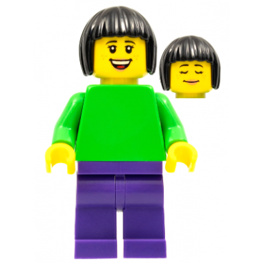 plain bright green torso with bright green arms dark purple legs black bobbed hair
