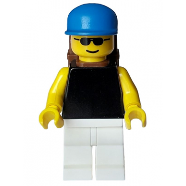 plain black torso with yellow arms and hands white legs sunglasses blue cap brown backpack