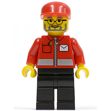 post office white envelope and stripe black legs red cap beard and glasses