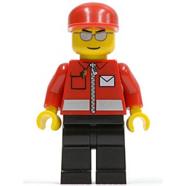 post office white envelope and stripe black legs red cap silver sunglasses